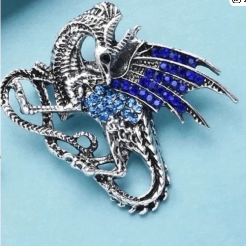 Silver Dragon Brooch with Blue and Royal Blue Rhinestones